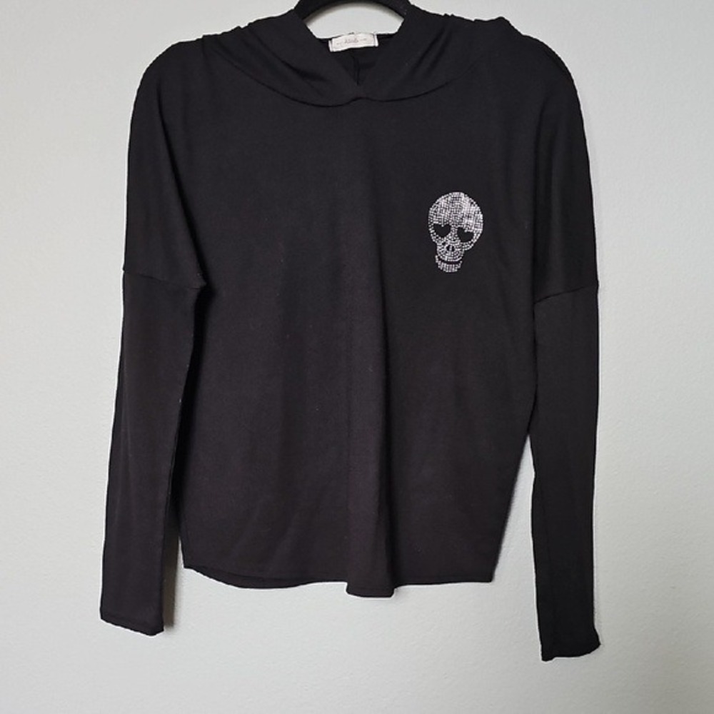 Atticute Black pullover thin Stretch hoodie with rhinestone skull goth Medium